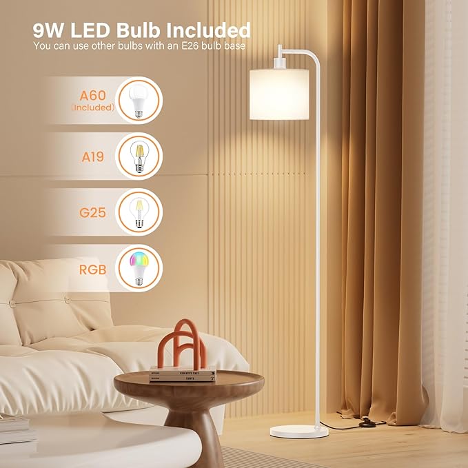 Floor Lamp with Linen Shade, Dimmable Tall Standing Lamp with Remote Control & 3 Color Temperatures, Modern Corner Floor Lamps for Living Room Bedroom Office, 9W LED Bulb Included