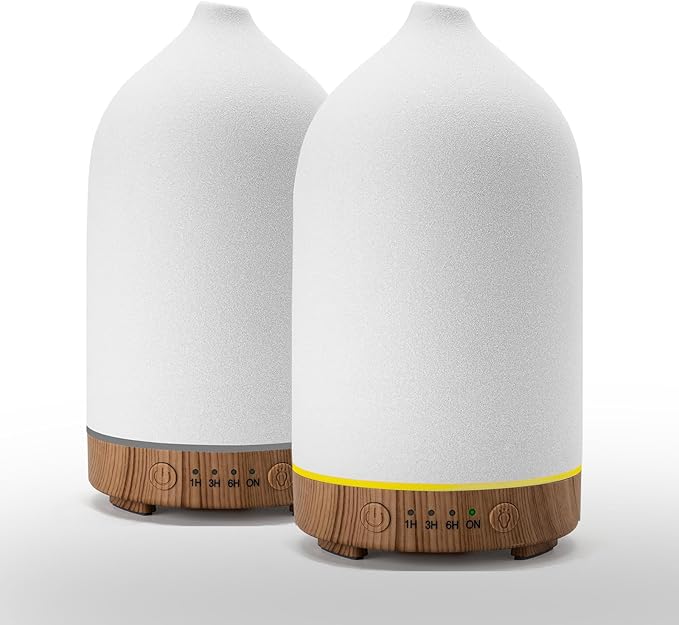 200ML Ceramic Essential Oil Diffuser (Set of 2) - Ultrasonic Aromatherapy & Humidifier with 7-Color LED Lights, Auto Shut-Off, Wood Grain Base, 1H/3H/6H Timer | Scent for Home, Office, Yoga