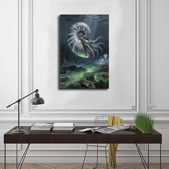 Framed Steampunk Mechanical Nautilus Wall Art - Underwater Industrial Poster for Man Cave Studio Decor 20x30inch(50x75cm)