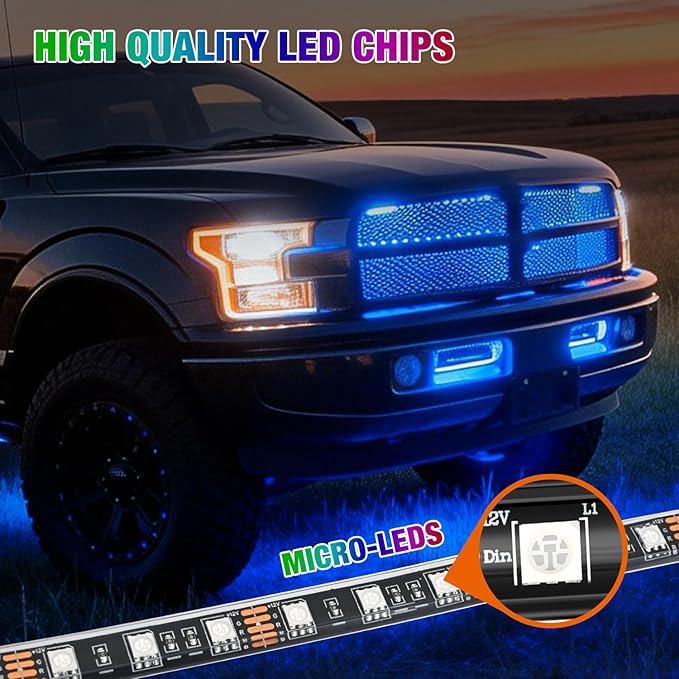 Nilight 4Pcs 24inch LED Grille Lights 144 LEDs RGB Multi Color Exterior Lighting Kit with Sound Active Function and Wireless Remote Control for Cars Van SUV Truck