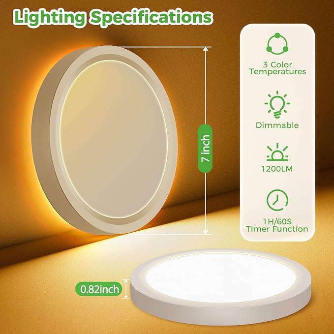 zemty 7 Inch LED Ceiling Light with Night Light 1800K, 2 Pack 3000K/4000K/6500K Dimmable Light Fixtures with Remote Control,12W 1200lm Flush Mount Ceiling Lamp for Bedroom Bathroom Kitchen-White