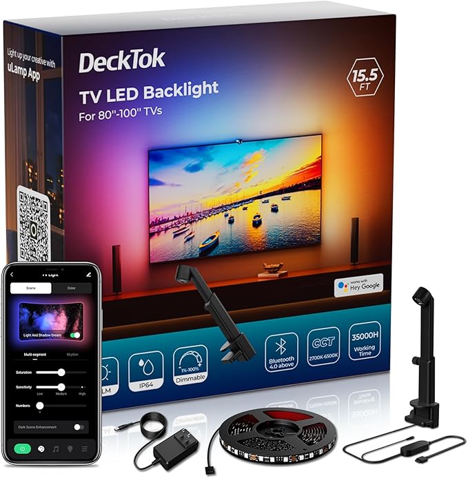 TV LED Backlight 15.5ft - TV Lights That Change with Screen for 55-100'' RGB LED Strip Lights Cuttable with Smart App Control Game & Music Sync Color Changing Light for Home Decor