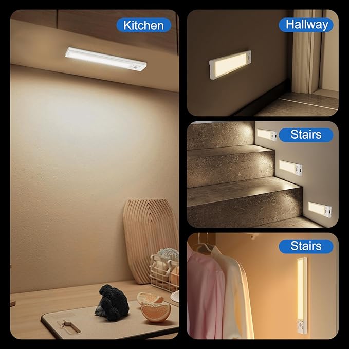 Under Cabinet Lights 2 Pack 8 inch Rechargeable Battery Operated Motion Sensor Light Indoor USB Charging Closet Lights Battery Operated with 3 Color Temps for Kitchen, Stairs, Home