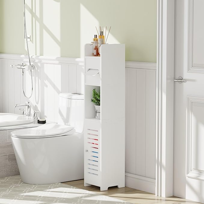 VECELO Storage Cabinet for Small Spaces,Skinny Toilet Paper Holder Stand with Anti-Drop Fence and Roller Storage, White