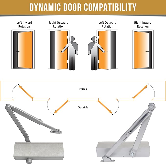 Commercial Door Closer Heavy Duty - Door Automatic Closer Adjustable Spring Size 2-4 - Automatic Door Closers for Home and Commercial Entrances - Non Handed - Fit Doors up to 220 LBS, Aluminum, Silver