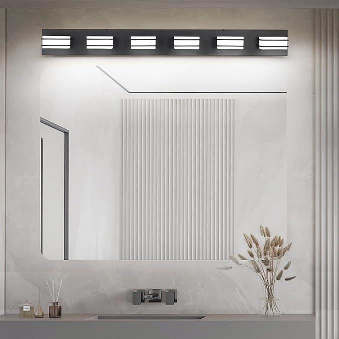 3 Color Temperature Dimmable Vanity Lights for Bathroom, Black 6 Light Vanity Light Fixtures, Acrylic Stainless Steel Square Shade Light Fixtures for Bathroom Above Mirror, ETL Certificated