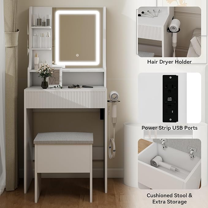 YOURLITE Fluted Makeup Vanity Desk with Mirror and Lights, 24" Small Vanity Table Set with LED Mirror & Stool, Dressing Table for Bedroom