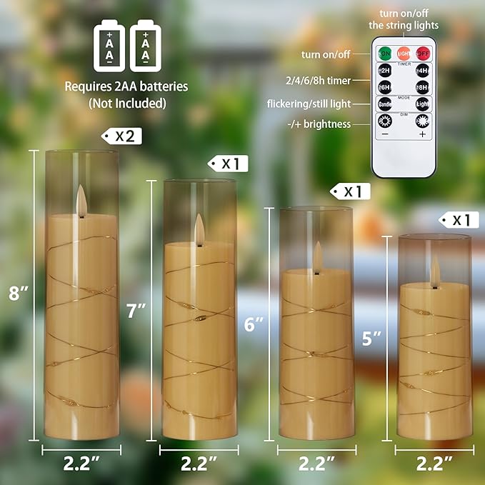 Flameless Flickering 2.2" x5" 6" 7" 8" 8" Candles, LED Battery Operated Gold Clear Plastic Timer Pillar Realistic Wick Candles (Long Lasting 500 Hrs, Pack of 5)