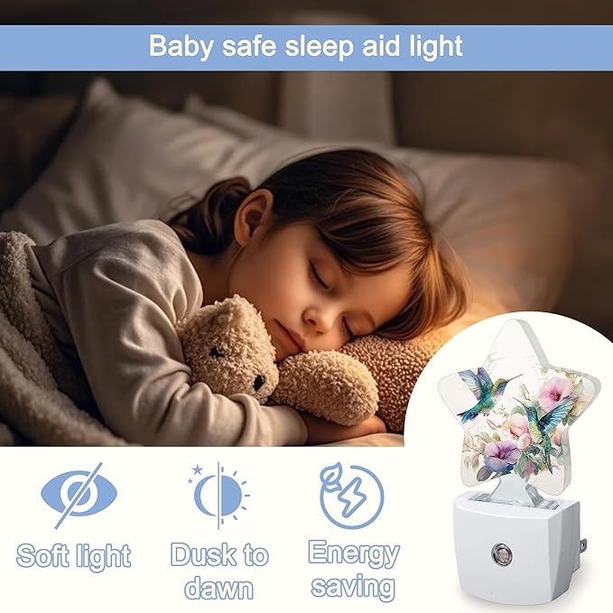 Hummingbird Bird Floral Night Lights Plug Into Wall,Vintage Flower Star Night Light for Kids,Nightlight with Dusk to Dawn Smart Sensor for Bedroom Bathroom Decor,Children Women Men Gift