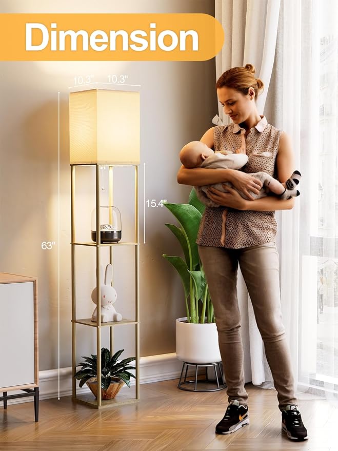 PARTPHONER Floor Lamp with Shelves for Living Room Natural Wood 2 Pack, Shelf Floor Lamp with 3 CCT LED Bulb, Corner Display Standing Column Lamp Etagere Organizer Tower Nightstand for Bedroom Office