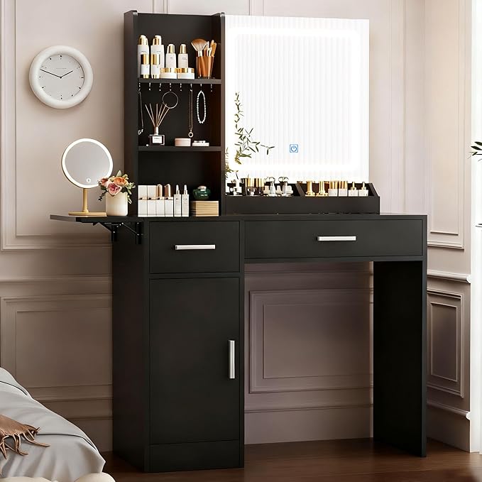 Vanity Desk with Mirror and Lights, 39.37" 4 Drawers Makeup Desk Without Stool, Extra Foldable Desk with 3 Open Shelves Make Up Table for Girls and Ladies Bedroom, Black