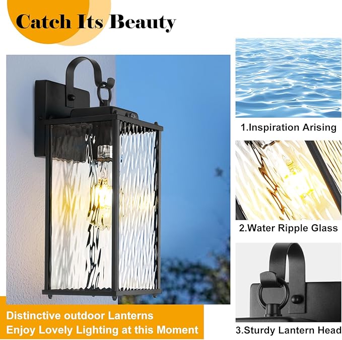 2-Pack Dusk to Dawn Outdoor Lighting with Water Ripple Glass, IP65 Waterproof Matte Black Front Porch Lights Photocell Sensor Exterior Light Fixtures Outdoor Wall Sconces Coach Lights