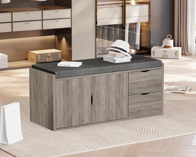 LVB 2-Tier Storage Bench with Padded Cushion, Entryway Shoe Bench with 2 Drawers, 2 Barn Doors & Adjustable Shelf, Industrial Style for Foyer, Bedroom, Living Room, Greige, 40 Inch