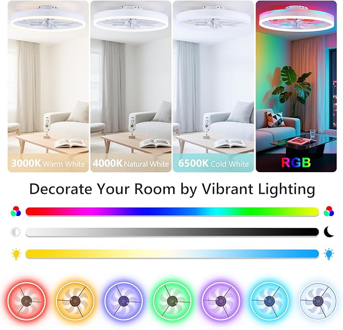 19.7" Ceiling Fans with Lights, Smart RGB Color Changing Low Profile Ceiling Fan, Modern Flush Mount Fandelier with Remote and APP, 6 Speeds, Quiet DC Motor, for Living Room, Bedroom, Indoor