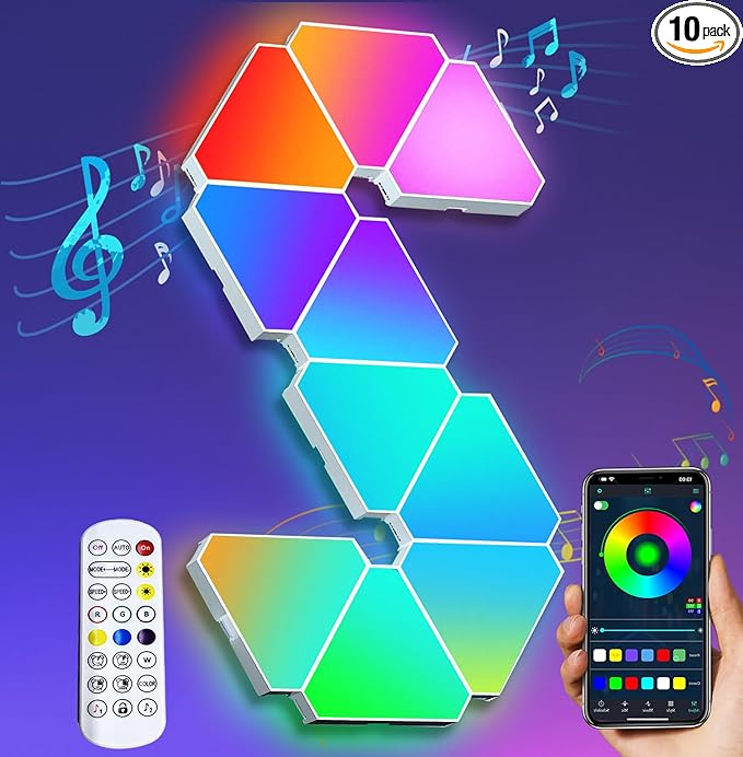 Triangle Light Panels, RGB Gaming Lights for Gaming Setup, DIY Triangle LED Wall Lights with 6 Connection Ports, APP and Remote Controlled, Music Sync for Gaming Room Bedroom Streaming, 10 Pack
