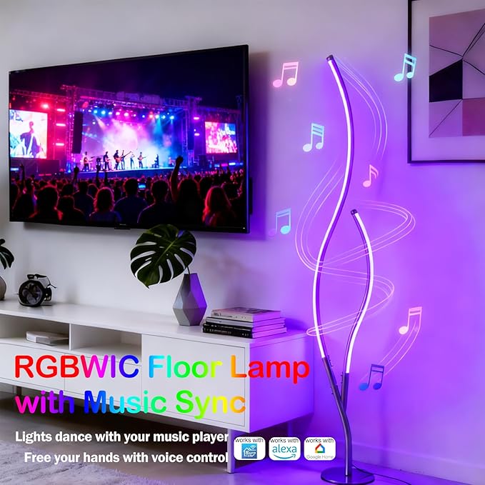DAYCENT RGBWIC Floor Lamp Modern LED Corner Lamps 1500 Lumen Smart Floor Lamps with Remote and 16 Million DIY Colors, Music Sync Standing Lamp for Living Room Bedroom Home Decor, Gold Finish