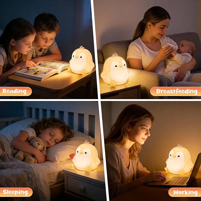 Penguin Night Light Squishy Silicone Nursery Breastfeeding Nightlight with Timer 3-Level Warm White RGB Color Modes Cute Penguin Lamp Rechargeable Touch Bedside Desk Animal Lamp for Bedroom Dorm Decor