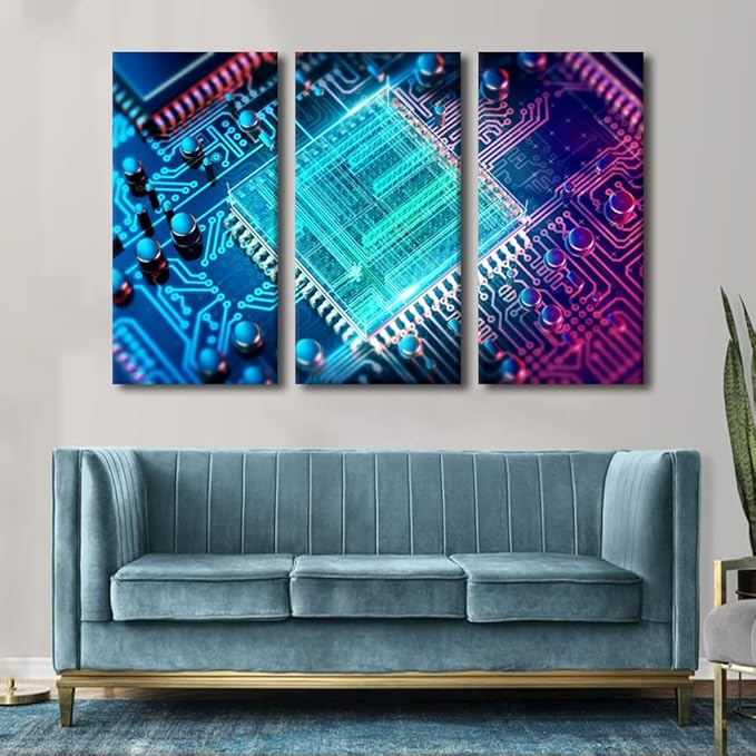 3 Piece Technology Wall Decor Integrated Wall Art Communication Processor CPU Concept Canvas Wall Art Poster Motherboard Digital Chip Wall Decor for Living Room Bedroom Framed Ready to Hang(40"Wx60"H)