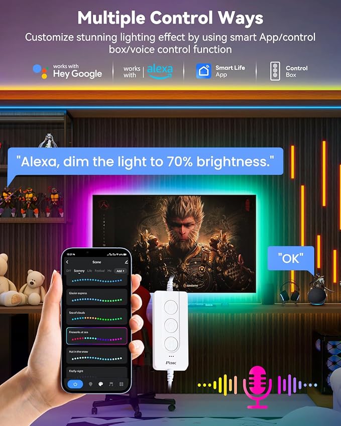 Pak RGB+IC LED Strip Lights for Bedroom & TV, 16.4ft Smart Lights with Remote APP Control, DIY 16 Million Colors, Music Sync Color Changing LED Lighting, 44 Scene Modes, Work with Alexa & Google