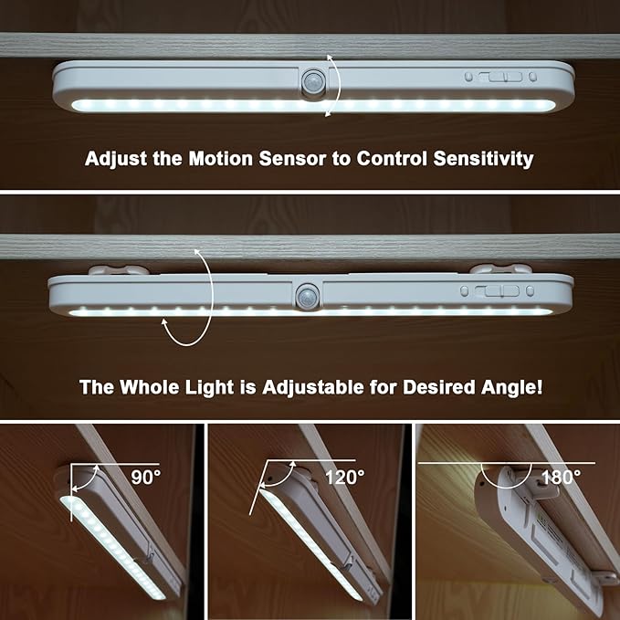 BLS T01L LED Closet Light, Super Bright 20 LED Under Cabinet Lighting Battery Powered/DC Input Wireless Motion Sensing Light, Auto On Off Switch, Motion Sensor & Light Sensor, Light Beam Adjustable