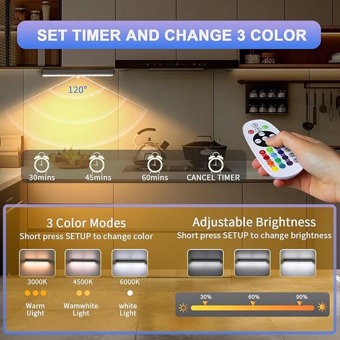 Under Cabinet Lighting,48LED RGB Rechargeable Under Cabinet Lights with Remote,Dimmable & 15 Color Temps,Magnetic Closet Light Bar,Wireless Under Counter Lights for Kitchen,Car,Shelf(5 Pack)