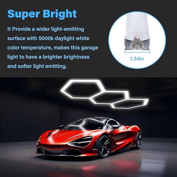 ALLYES KX Hexagon LED Garage Light, Dimmable Hex Shop Lights 6500K 17280LM 128W, Brightness Adjustable Led Ceiling Lights for Shop Garage Gym Workshop Basement