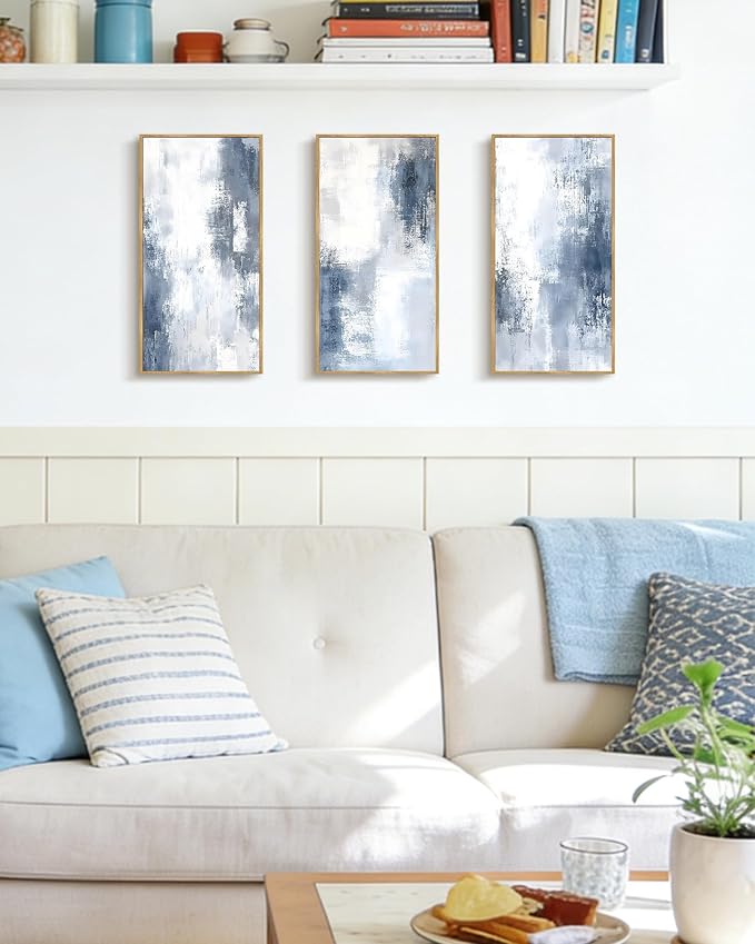 KUVIOKE Abstract Wall Art Blue Gray White Minimalist Painting Modern Decor Bedroom Living Room Ready to Hang 8x16in3pcs Natural Framed