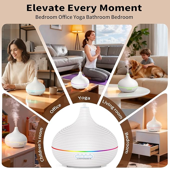 URPOWER 300ml Sleep Diffuser for Bedroom, All-Night Essential Oil Diffuser, Quiet Ultrasonic Cool Mist, Auto-Off & Timer, 7 LED Color Diffusers Humidifier for Home Office & Large Rooms