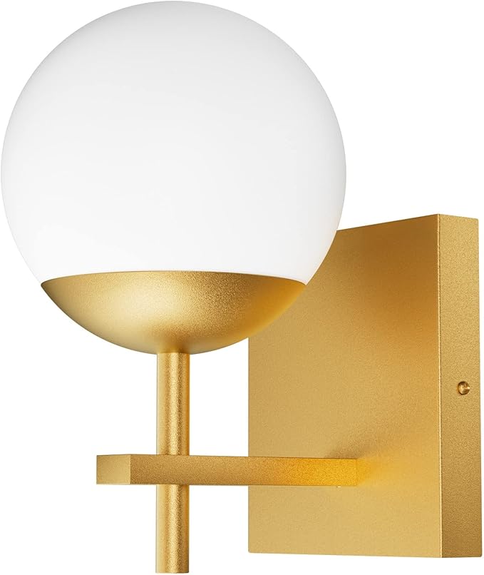 Ralbay Gold Wall Sconce, Mid Century Modern Gold Wall Light Fixtures Milky Glass Indoor Wall Lamp for Home Decor Bathroom Kitchen Living Room Vanity Hallway, Gold 1 Light (Exclude Bulb)
