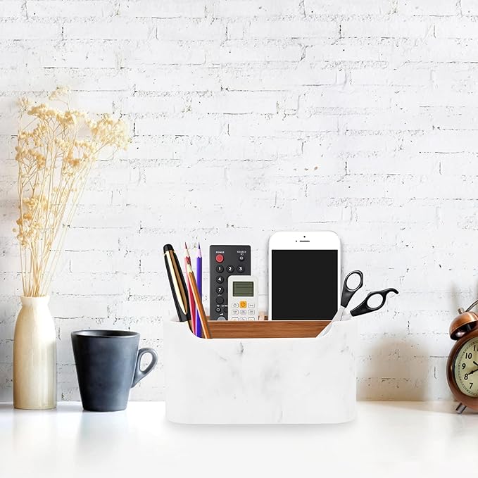 Remote Control Holder with Removable Wood Compartments for Media Devices, Desktop Stationery, and Bedside Nightstands,White