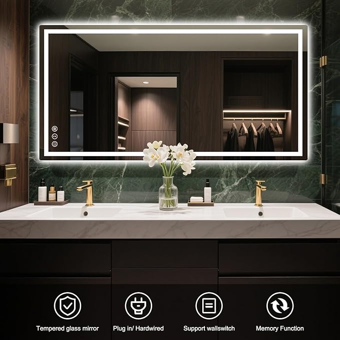 60x36 LED Bathroom Mirror with Lights, Anti Fog Vanity Mirror Wall Mounted, Dimmable Front Light and Backlight, Memory Function Tempered Glass, Shatter Proof ETL Listed