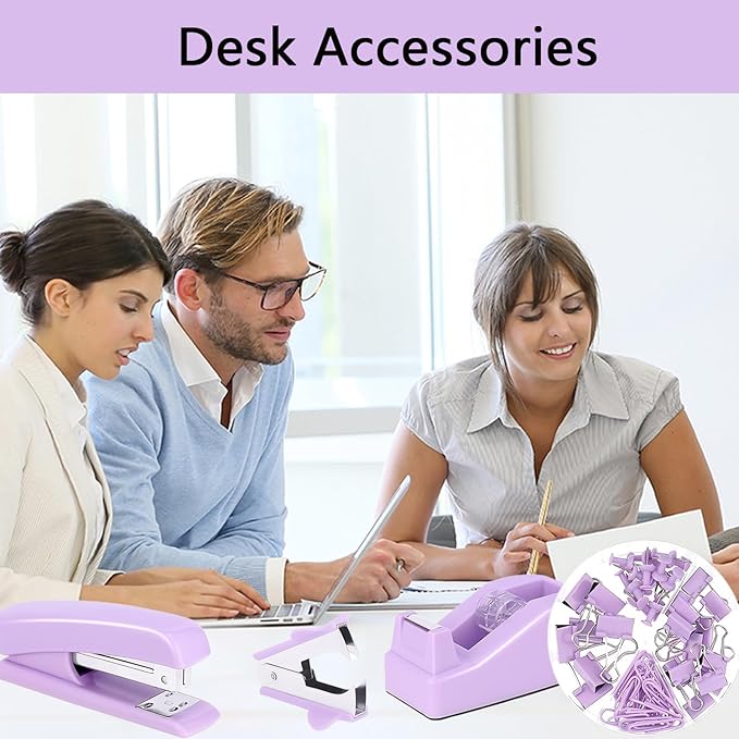 suniya Office Supplies,Desk Accessories,Tape Holder,Stapler,Scissor,Staple Remover,Box of Binder Clips,Staples,Ballpoint Pen,Lndex Tabs,Clear Tape,Office Supplies Set(Purple)