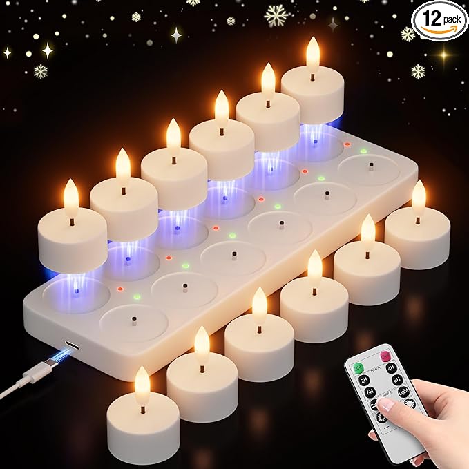 Rechargeable Flameless Tea Lights Candles with Charging Station 12Pcs Battery Tea Lights Candles with Remote & Timer LED Tealight Flickering Realistic for Home Christmas Wedding Decor - White