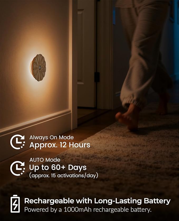 Night Light Wooden Carved Flower Mini USB Rechargeable Motion Sensor Nightlights Magnetic Wall Light for Hallway, Bedroom, Living Room, Stair, Ash Wood