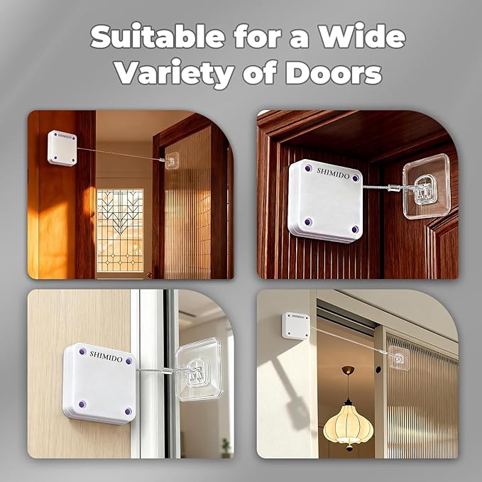 SHIMIDO Upgraded Punch-Free 1000g Automatic Screen Door Closer, Sliding Screen Auto Door Closer with Steel Drawstring for Bathroom, Bedroom, Study Room etc. (2 Pack White)