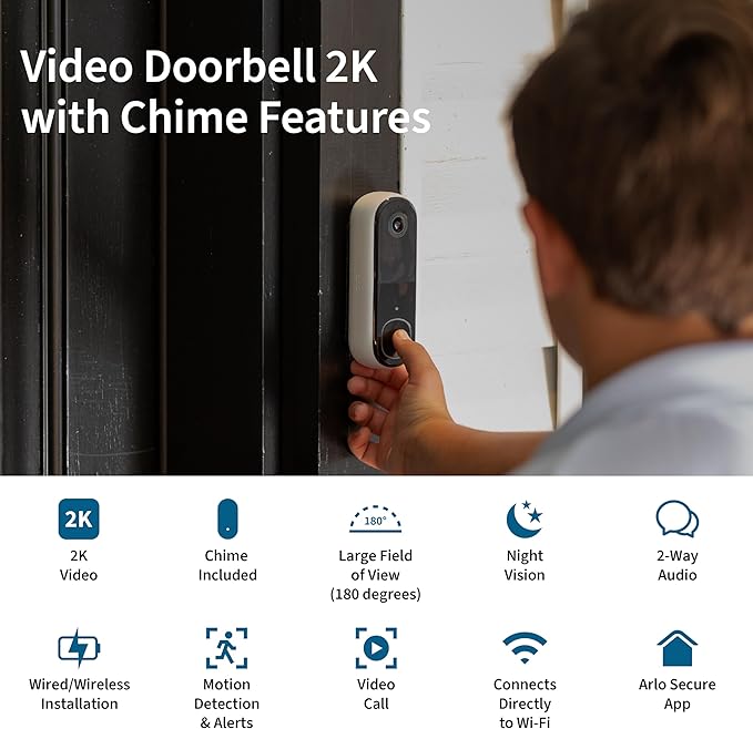 Arlo Video Doorbell 2K + Chime 2 (2nd Gen, Latest Release), Wireless or Wired Option, 2-Way Audio, Night Vision, Head to Toe View, Package Detection, Person & Vehicle Recognition, 1-Month Secure Plan