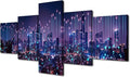 Canvas Wall Art Energy Digitalization Picture Printing Modern City Landscape Poster 5 Panel Home Decoration Artwork Big Data Worker Office Bedroom Decor Frame and Stretched Ready to Hang 50x24 Inch