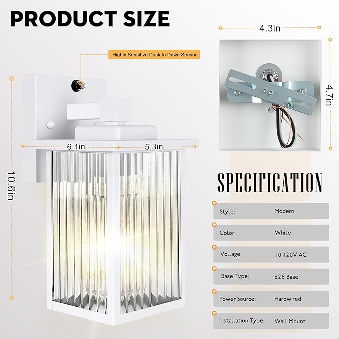 2 Pack Dusk to Dawn Outdoor Lighting, IP65 Waterproof Outdoor Porch Light with Tempered Glass, Outdoor Light Fixture for House Exterior Front Door Garage Patio(White)