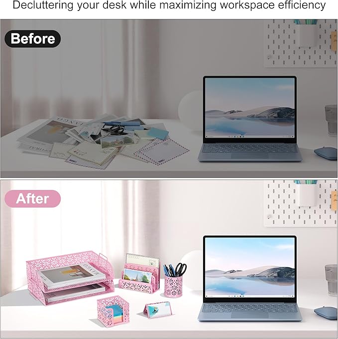 EasyPAG Desk Organizers and Accessories 5 Pieces Office Supplies Set - 2 Tier Paper Tray, Pencil Organizer for Desk, Mail Sorter Countertop, Business Card Holder and Sticky Note Holder, Pink