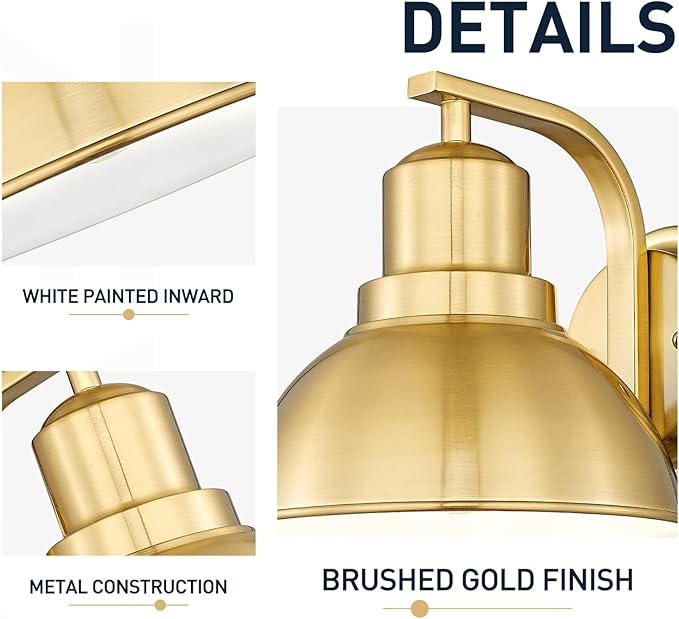 zeyu Vintage Metal Wall Light, Indoor Wall Sconce Lighting for Bedroom Kitchen, Metal Dome Shade in Brushed Gold Finish, ZY24-1W-2PK BG