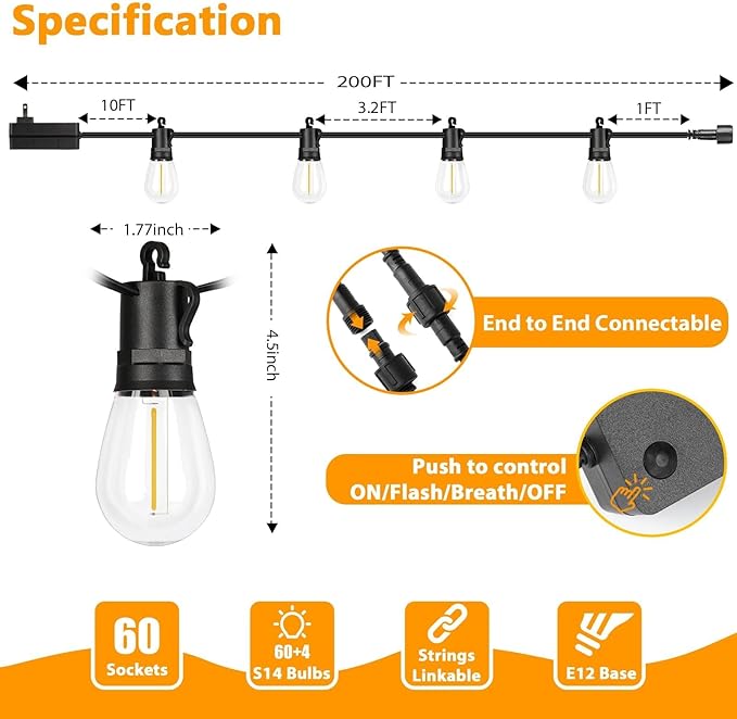 Outdoor String Lights Waterproof, 200FT LED Patio Light With Remote & 64 Shatterproof Dimmable S14 Edison Bulbs(4 Spare), Connectable Outside Hanging String Light for Bistro, Garden, Halloween, Xmas