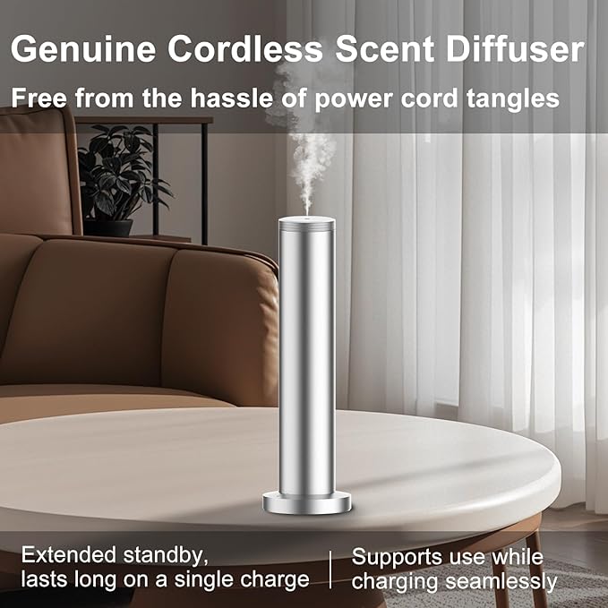 Wireless Hotel Scent Diffuser Starter Kit- Cordless Rechargeable Diffuser for Whole House -Hotel Scents Collection - App Control Waterless Essential Oil Diffuser for Large Room, Studio, Office(Silver)