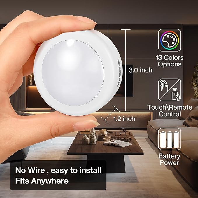 Cadrim Puck Lights - LED Color Changing, Dimmable Under Cabinet Lights with Wireless Remote Controls for Kitchen (1 Pack)