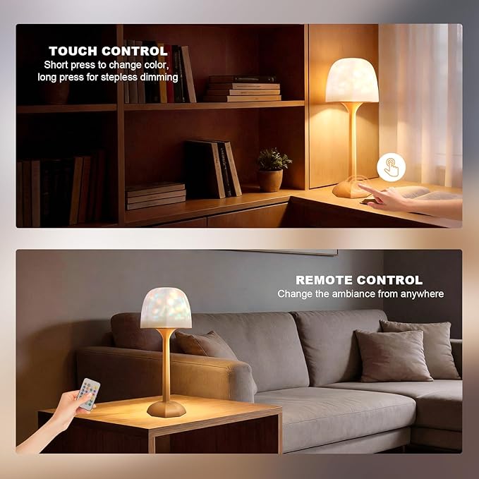 Rechargeable Table Lamp with Remote Control, 16 Color Changing LED Night Light with Water Ripple Projection, Adjustable Brightness for Bedroom, Office, Home Decor