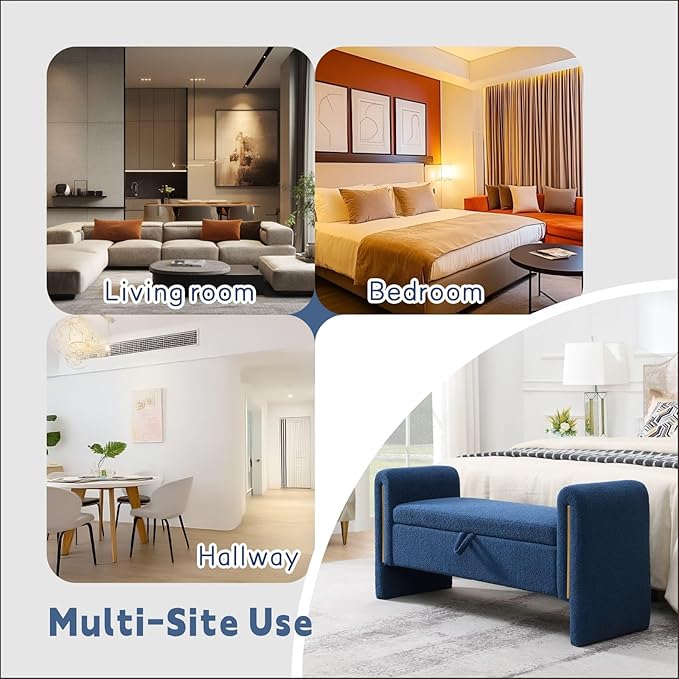 Modern 52" Storage Ottoman Bench, Upholstered End of Bed Storage Bench with Armrests, Entryway Bench, Teddy Foot Rest Stool for Living Room Hallway Bedroom (Navy Blue)