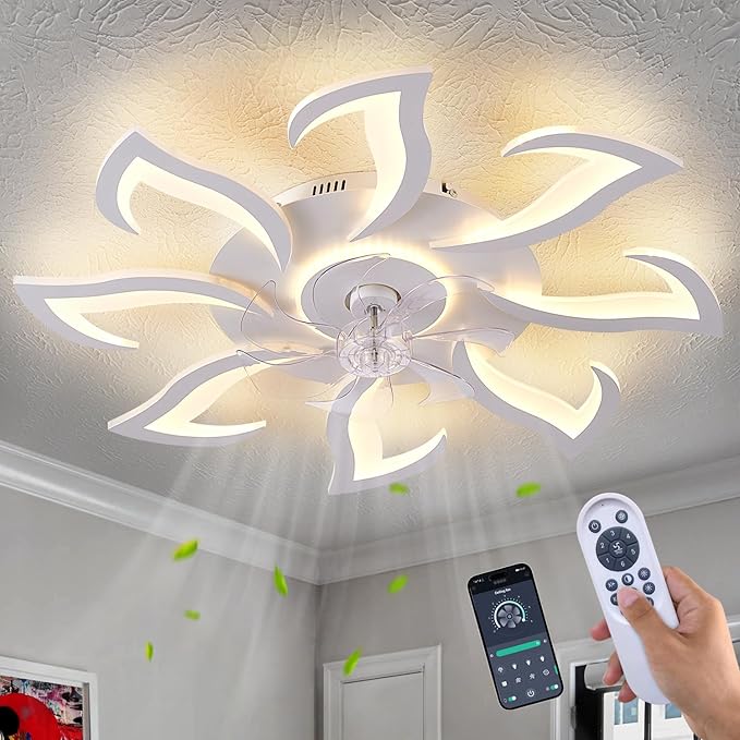 Malnutcolor Modern Low Profile 36 Inch White Flush Mount Ceiling Fan with 3 Light Color 6 Speeds, Fandelier for Living Room