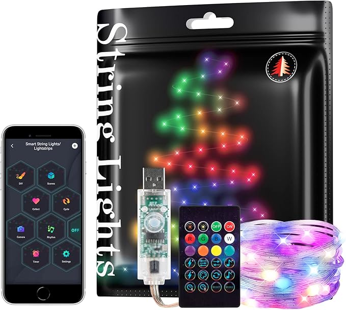 BTF-LIGHTING RGB IC WS2812B USB Twinkle Smart Fairy Light String 16.4FT 50Pixels Transparent Wire Music Bluetooth Mesh APP IR Remote DIY Control Sync Color Chasing IP65 For Christmas Tree Bedroom DC5V