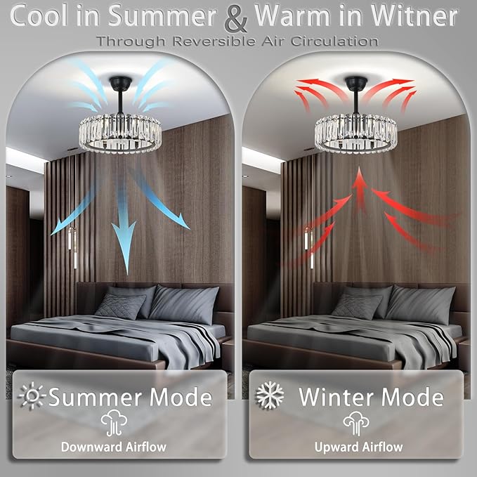 Finktonglan Crystal Ceiling Fans with Lights and Remote, 20 inch Modern Fandelier Ceiling Fan with Light Adjustable Height Chandelier Fan for Dining Room Living Room Kitchen, Black