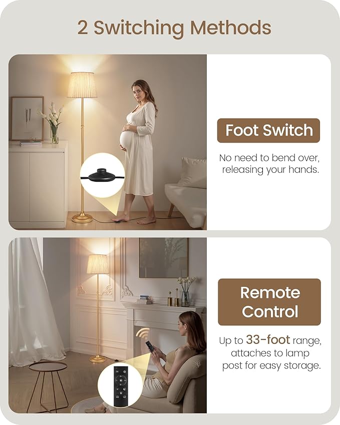 Dimmable Floor Lamp for Living Room, 68" Tall Standing Lamp, Reading Light with Remote & Foot Pedal, 10W LED Bulb (3000K-6500K) Included, FCC Listed, Reinforced Base, Gold and White DW12LD05