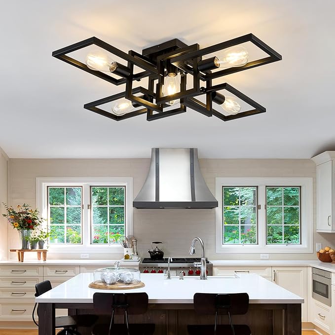 ZGLAOJT Black Industrial Semi Flush Mount Ceiling Light 5-Light Kitchen Light Fixtures Modern Large Matte Sputnik Chandelier for Dining Room Bedroom Farmhouse Living Room